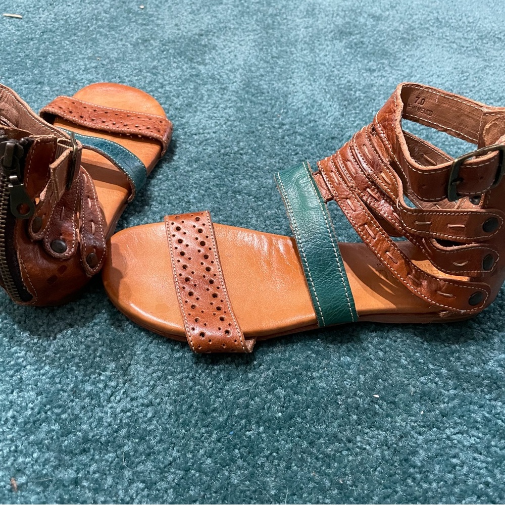 Bed Stu Brown and Green Leather Sandals with Moccasin Stitching